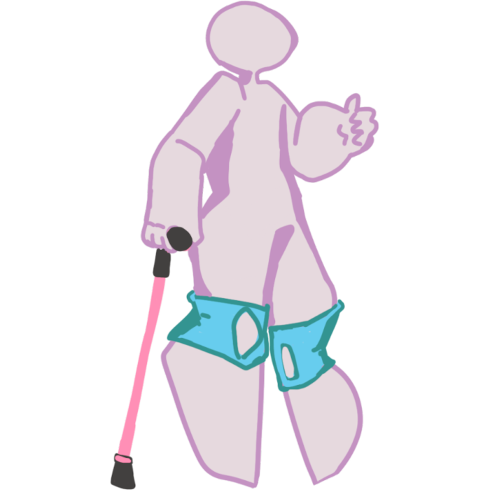 An illustration of a featureless person with light muted purple skin using a cane, they also have knee braces on each knee